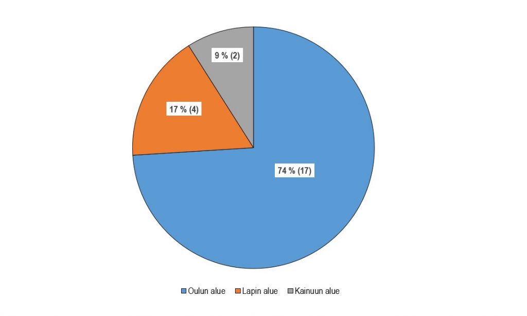 Piirakkakuvio, josa käy ilmi, että kyselyyn vastanneista suuryrityksistä 74 % sijoittui Oulun alueelle, 17 % Lapin alueella ja 9 % Kainuuseen.