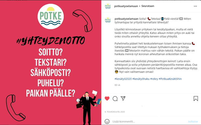 Kuvakaappaus Potke-hankkeen Instagram-tilin postauksesta, jossa käsitellään sitä, miten työnantajaa kannattaa lähestyä.