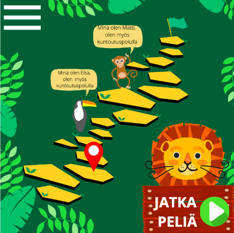 Kuvakaappaus pelin prototyypistä. Kuvassa askelia ja papukaija ja apina, jotka kertovat olevansa kuntoutuspolulla.