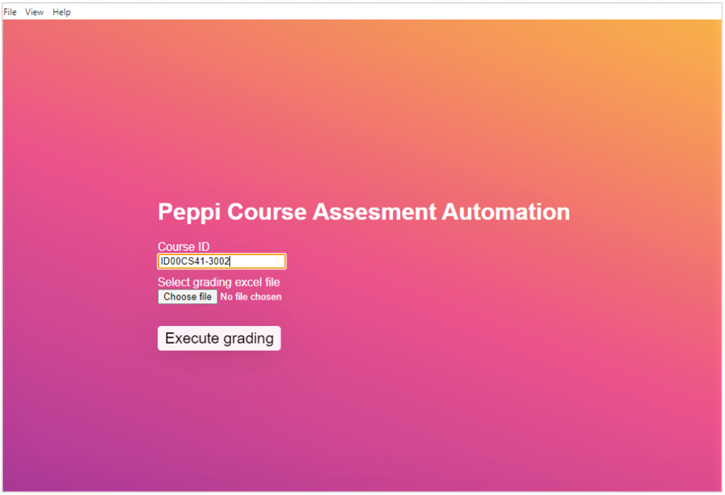 Kuvakaappaus kirjausrobotin aloitusnäkymästä. Näkymässä on teksti: Peppi Course Assesment Automation.