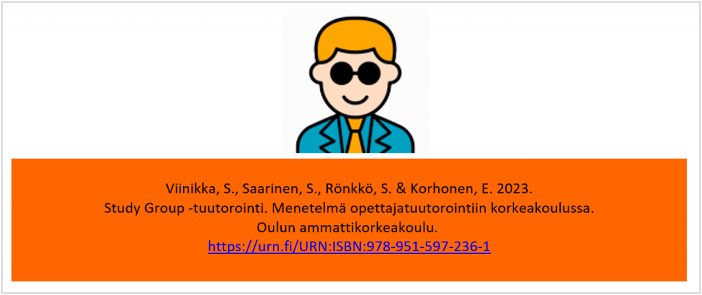Kuvituskuva, jota klikkaamalla pääsee lukemaan seuraavan teoksen: Viinikka, S., Saarinen, S., Rönkkö, S. & Korhonen, E. 2023. Study Group -tuutorointi. Menetelmä opettajatuutorointiin korkeakoulussa.