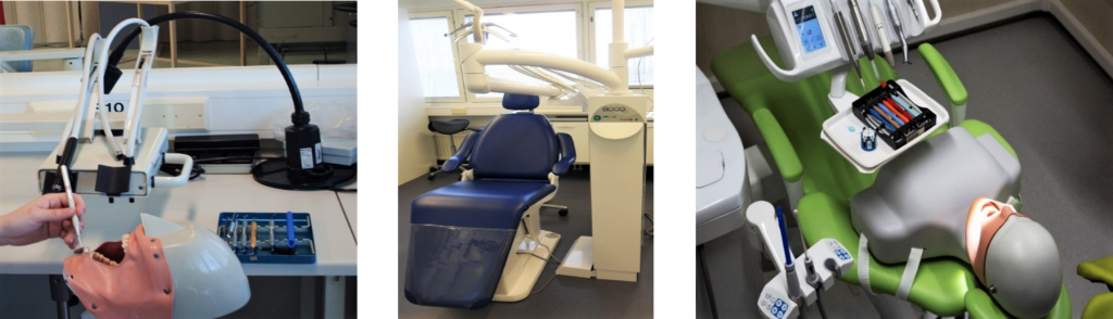 Two photos of phantom devices and one of dental chair.