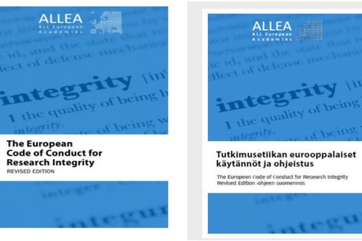 Kuvakaappaukset kahden julkaisun kannesta. Vasemmalla The European Code of Conduct for Research Integrity ja oikealla Tutkimusetiikan eurooppalaiset käytännöt ja ohjeistus.