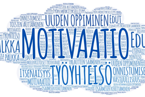 Ajatuspilvi, jossa keskellä sana motivaatio ja ympärillä siihen liittyviä termejä, kuten uude oppiminen, edut, työyhteisö ja palkka.