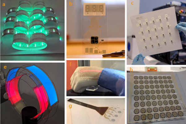 Nine photos of applications. In the photos there are smart flexible lighting, Electrochromic displays, printed biosensors, Organic photovoltaics for energy harvesting, Organic LEDs, wearable electronics, sensors and medical and wellbeing products.