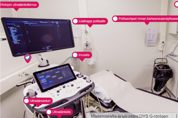 Valokuvassa sairaalassa tarvittavia laitteita, kuten ultraäänilaite, imulaite, lisähappi ja instrumenttipöytä.