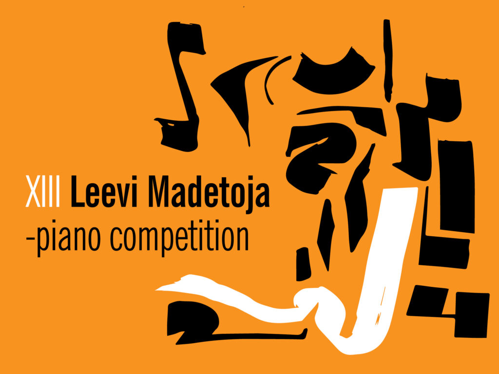 Cover of the Leevi Madetoja Piano Competition, featuring black and white abstract patterns on an orange background.