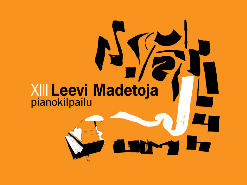 Leevi Madetoja -pianokilpailun kansi, jossa mustia ja valkoisia abstrakteja kuvioita oranssilla taustalla.