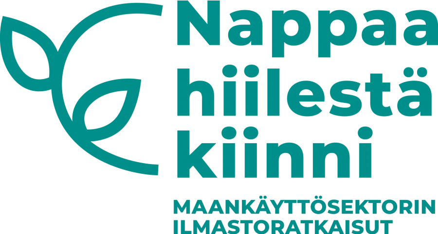 Piirros oksasta kahdella lehdellä ja teksti "Nappaa hiilestä kiinni - Maankäyttösektorin ilmastoratkaisut"