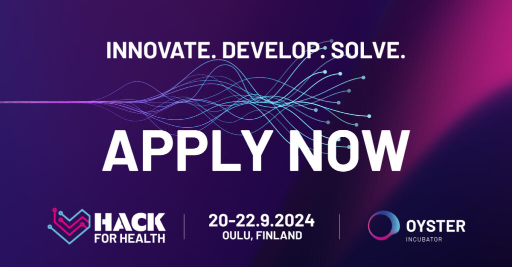 Violetilla taustalla Hack for Health -tapahtuman logo, päivämäärä ja Apply now -teksti.