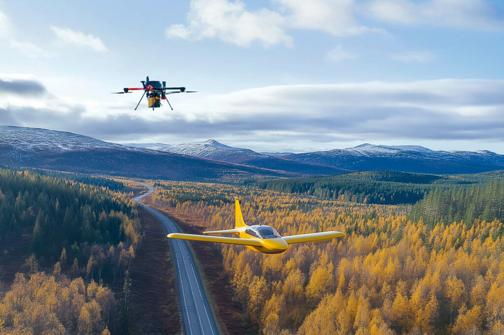 drooni ja sähkölentokone ilmassa metsämaisemassa